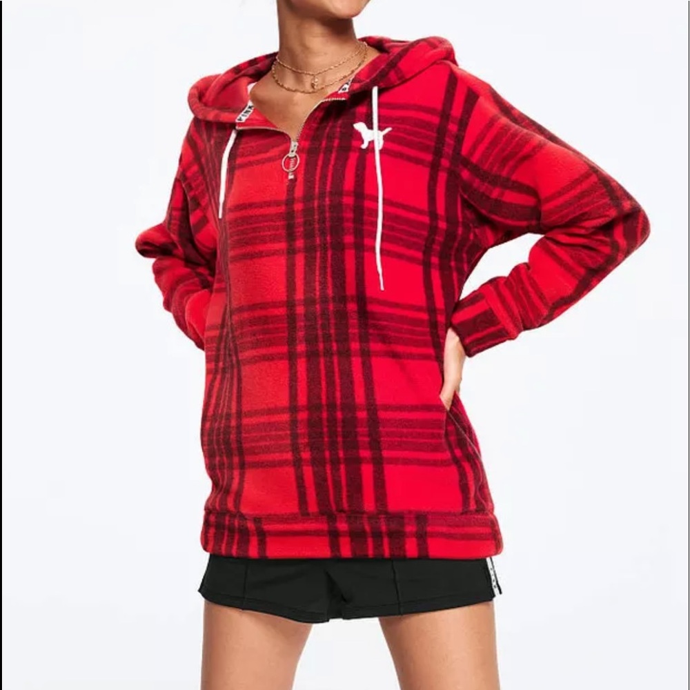 PINK Polar Fleece Plaid Half Zip Pullover